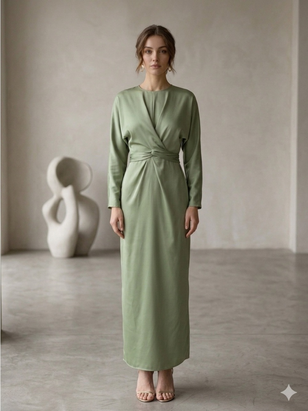ASOS Sage Green Long Sleeve Twist-Waist Maxi Dress Size 4 US